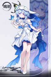 1girl absurdres adapted_costume bare_legs bare_shoulders blue_butterfly blue_hair blue_nails blush breasts bug butterfly butterfly_on_hand colored_eyelashes commentary_request dress full_body highres insect korean_commentary legs logo long_hair looking_at_viewer medium_breasts mono_(mono_mon) nail_polish parted_lips purple_eyes shoes shorekeeper_(wuthering_waves) smile solo veil white_dress white_shoes white_veil wuthering_waves zoom_layer