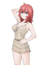1girl :/ absurdres arm_up armpit_crease blue_eyes breasts brown_camisole brown_shorts camisole cleavage commentary_request cowboy_shot hand_in_own_hair hand_on_own_hip highres korean_commentary mangpu medium_breasts medium_hair original raised_eyebrow red_hair short_shorts shorts solo sweatdrop