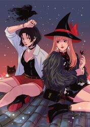 2girls andythelemon bag belt bird black_cat black_hair boots breasts brown_eyes cat choker cleavage coat collarbone crescent crescent_moon crescent_necklace crow earrings female_focus fur-trimmed_coat fur_trim handbag hat jewelry lipstick long_hair makeup mole mole_under_eye moon multiple_girls necklace original piercing pink_hair red_eyes ring rooftop shorts shoulder_bag smile watermark witch witch_hat