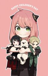 1boy 2girls animal anya_(spy_x_family) black_hair blonde_hair blush bond_(spy_x_family) child closed_mouth dog dress earrings english_text hairband husband_and_wife jewelry long_hair long_sleeves medium_hair mini_person miniboy minigirl multiple_girls p_notninjin pink_hair red_eyes shirt short_hair smile spy_x_family twilight_(spy_x_family) twitter_username yor_briar