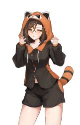1girl absurdres animal_ears black_jacket black_shorts brown_hair button_gap claw_pose commentary_request commission cowboy_shot drawstring fake_animal_ears fake_tail hands_up highres hood hooded_jacket jacket korean_commentary long_sleeves looking_at_viewer medium_hair muhae_(dcnh8882) orange_eyes original parted_lips red_panda_ears red_panda_hood red_panda_tail short_shorts shorts simple_background solo tail white_background