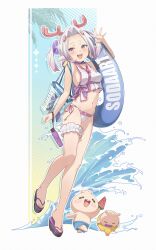 1girl :d absurdres alternate_costume animal_ears antlers arm_up bag bare_shoulders bikini black_sandals bottle bow breasts cellphone chinese_commentary commentary_request curtained_hair deer_ears deer_girl food frilled_bikini frilled_thigh_strap frills fruit full_body gradient_hair heart highres horns indie_virtual_youtuber light_blush looking_at_viewer medium_breasts midori_fufu multicolored_hair navel open_hand open_mouth phone pink_horns pink_ribbon platform_sandals purple_bow purple_eyes purple_hair purple_sandals rettsuma_(vtuber) ribbon sandals see-through_bag short_hair short_twintails sideboob smartphone smile solo standing standing_on_one_leg stomach swim_ring swimsuit teeth thigh_strap tote_bag twintails upper_teeth_only water_bottle watermelon watermelon_slice white_bikini white_hair