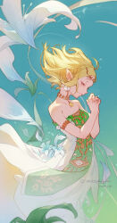 1girl absurdres armlet artist_name bare_shoulders blonde_hair braid closed_eyes cloudyman commentary crown_braid dated dress earrings flower green_tabard highres interlocked_fingers jewelry magatama magatama_necklace necklace nintendo own_hands_together pointy_ears princess_zelda profile signature silent_princess strapless strapless_dress tabard the_legend_of_zelda the_legend_of_zelda:_tears_of_the_kingdom white_dress