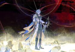 1boy antenna_hair armor black_choker black_gloves black_pants black_shirt blue_cape blue_eyes cape choker clone coat fingerless_gloves full_body gloves hashtag-only_commentary highres honkai:_star_rail honkai_(series) infinity_symbol male_focus narupesoonu pants pauldrons phainon_(honkai:_star_rail) red_sky shirt short_hair shoulder_armor single_glove single_pauldron sky solo thigh_strap white_coat white_hair