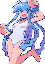 1girl :d arm_up bare_shoulders barefoot blue_eyes blue_hair blush_stickers bracelet breasts commentary covered_navel fat_mons foot_out_of_frame grey_outline hair_between_eyes hat highres ikamusume jewelry jumping long_hair long_sidelocks looking_at_viewer one-piece_swimsuit open_mouth outline shinryaku!_ikamusume sidelocks signal_(eriasignal) simple_background small_breasts smile solo squid squid_hat standing standing_on_one_leg swimsuit tentacle_hair tentacles thick_outlines twitter_username very_long_sidelocks white_background white_hat white_one-piece_swimsuit wristband