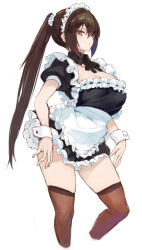 1girl absurdres apron black_dress black_ribbon breasts brown_eyes brown_hair brown_thighhighs cleavage cropped_legs dress frills hair_between_eyes highres large_breasts long_hair looking_at_viewer maid maid_headdress neck_ribbon original ponytail puffy_short_sleeves puffy_sleeves ribbon ryo_(tg290) short_sleeves simple_background solo thighhighs waist_apron white_background wrist_cuffs