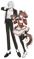 2girls 6543_plz :d absurdres animal_ears anonymous_trainer_(6543_plz) aston_machan_(umamusume) black_bow black_bowtie black_jacket black_pants black_shoes black_thighhighs bow bowtie breasts brown_hair brown_tail character_doll collared_shirt commenary_request commentary_request crown curtained_hair doll dress_shirt ear_ornament female_trainer_(umamusume) fingers_to_cheeks formal_clothes full_body gold_trim green_eyes hair_ornament hair_scrunchie hand_in_pocket hand_on_own_neck hands_up height_difference high_heels highres holding holding_doll horse_ears horse_girl horse_tail jacket korean_commentary large_breasts long_hair looking_to_the_side multiple_girls oc_x_canon one_eye_closed open_clothes open_jacket open_mouth original pant_suit pants parted_bangs parted_lips red_bow red_nails red_sash red_sleeves sash scar scar_on_arm scrunchie shirt shirt_tucked_in shoes side_ponytail simple_background skirt small_sweatdrop smile standing standing_on_one_leg suit suit_jacket tail thighhighs trainer_(umamusume) umamusume vest watch white_background white_eyes white_hair white_shirt white_shoes white_skirt white_vest wristwatch zettai_ryouiki