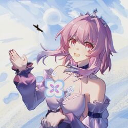1girl absurdres bare_shoulders blue_collar blue_eyes blue_hair breasts collar colored_tips detached_collar detached_sleeves dress hands_up highres honkai:_star_rail honkai_(series) lisebai long_sleeves march_7th_(honkai:_star_rail) march_7th_(nascent_spring)_(honkai:_star_rail) medium_breasts medium_hair multicolored_eyes multicolored_hair off-shoulder_dress off_shoulder official_alternate_costume open_mouth pink_eyes pink_hair pink_pupils purple_sleeves smile solo tiara two-tone_collar two-tone_eyes white_collar white_dress