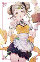 1girl apron bamboo_steamer steamed_bun blush chinese_clothes double_bun flat_chest food gakuen_idolmaster grey_hair hair_bun hair_ornament hairclip highres idolmaster iku2727 open_mouth orange_eyes shinosawa_hiro skirt solo thigh_gap wrist_cuffs