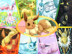 blue_eyes blue_sky brown_eyes closed_mouth cloud dot_nose eevee electricity embers espeon expressionless field fire flareon flower flower_field forest gen_1_pokemon gen_2_pokemon gen_4_pokemon gen_6_pokemon glaceon happy head_tilt itsudzumi jolteon leafeon multiple_tails nature night night_sky nintendo no_humans one_eye_closed open_mouth outdoors pokemon pokemon_(creature) purple_eyes sky smile snow star_(sky) starry_sky sylveon tail two_tails umbreon vaporeon water