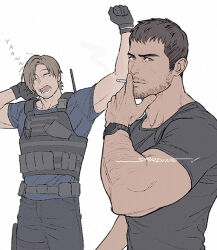 Rule 34 | 2boys, arm hair, arm up, beard, black gloves, black pants, black shirt, black vest, blue shirt, brown hair, bulletproof vest, chris redfield, cigarette, closed eyes, cowboy shot, crew neck, curled fingers, facial hair, gloves, holding, holding cigarette, leon s. kennedy, looking at viewer, lower teeth only, male focus, multiple boys, open mouth, pants, resident evil, resident evil 2, resident evil 2 (remake), sardine (kjr0313), shirt, short hair, short sleeves, signature, simple background, tactical clothes, teeth, vest, watch, white background, wristwatch, yawning