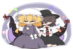 Rule 34 | 2girls, black hat, black skirt, blonde hair, book, brown hair, closed eyes, closed mouth, commentary request, dress, gap (touhou), hat, kuuinusuki, maribel hearn, mob cap, multiple girls, necktie, purple dress, red necktie, shameimaru aya, shameimaru aya (crow), shirt, short hair, short sleeves, skirt, star (symbol), touhou, usami renko, white hat, white shirt
