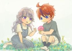 1boy 1girl aged_down ahoge blue_eyes blush child closed_mouth flower grass hair_between_eyes kashimiya_karua long_hair messy_hair mole mole_under_eye multicolored_hair open_mouth purple_eyes purple_hair red_hair simple_background smile sumino_takumi the_hundred_line_-last_defense_academy- white_background white_hair