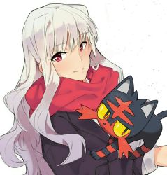 1girl :&lt; blunt_bangs closed_mouth colored_sclera creatures_(company) eyebrows game_freak gen_7_pokemon grey_hair highres holding idolmaster idolmaster_(classic) litten long_hair long_sleeves looking_at_viewer nintendo pokemon pokemon_(creature) red_eyes red_scarf scarf shijou_takane sidelocks simple_background smile tuxedo_de_cat upper_body white_background yellow_sclera