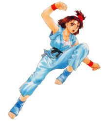Rule 34 | 1girl, adk, artist request, brown eyes, brown hair, female focus, izumo ryoko, judogi, martial arts belt, matching hair/eyes, retro artstyle, simple background, snk, solo, toes, white background, world heroes, wristband