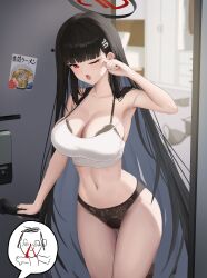 1girl ;o absurdly_long_hair absurdres black_bra black_hair black_halo black_panties blue_archive bra breasts camisole crop_top doodle_sensei_(blue_archive) halo highres large_breasts long_hair naze236 one_eye_closed open_door panties red_eyes rio_(blue_archive) sensei_(blue_archive) solo spoken_character underwear very_long_hair white_camisole