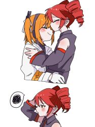 Rule 34 | 2girls, a.i. voice, adachi rei, blush, closed eyes, closed mouth, detached sleeves, drill hair, gloves, grey shirt, hand in own hair, hand up, haru maron, hashtag-only commentary, highres, jacket, kasane teto, kiss, kissing forehead, long sleeves, medium hair, multiple girls, one side up, orange hair, parted lips, red eyes, red hair, shirt, simple background, smile, spoken squiggle, squiggle, twin drills, upper body, utau, white background, white gloves, white jacket, yuri