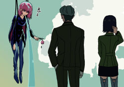 1boy 2girls black_skirt blue_eyes blue_pants challia_bull cloud comoli_harcourt flower green_jacket green_pants grey_hair gundam gundam_gquuuuuux gundam_zz haman_karn highres holding holding_flower jacket multiple_girls pants parody pink_flower pink_hair pink_rose rose scene_reference skirt standing tani_kazuya thighhighs water