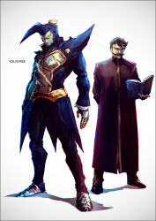 2boys black_hair book broken_horn cigar facial_hair gustav_(konjiki_no_gash!!) holding holding_book horns k-suwabe konjiki_no_gash!! multiple_boys mustache priest scar scar_across_eye scar_on_chest scar_on_face serious short_hair simple_background smoking standing thick_eyebrows vincent_bari whip