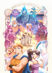 Rule 34 | 6+boys, 6+girls, absurdres, afro, airagency1005, ancient greek clothes, aphrodite (disney), ares (mythology), armor, beard, bird, blue cape, blue eyes, blue hair, breastplate, breasts, brown hair, cape, commentary, commentary request, crossed arms, curly hair, demon, demon wings, dress, facial hair, fiery hair, goat horns, greco-roman clothes, greek armor, greek helmet, greek mythology, grey hair, grin, hades (disney), hand on own chest, hand on own chin, helmet, hera (mythology), hercules (1997 movie), hercules (disney), hermes (mythology), highres, holding, holding staff, horns, long hair, medium breasts, megara (disney), multiple boys, multiple girls, muscular, muscular male, orange hair, owl, pain (disney), panic (disney), parted lips, pegasus, pegasus (disney), philoctetes, pink dress, pink eyes, pink hair, ponytail, pottery, red dress, satyr, sharp teeth, smile, staff, teeth, toga, trophy, white dress, winged helmet, wings, yellow eyes, zeus (disney)