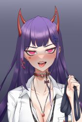 1girl absurdres akuma_nihmune akuma_nihmune_(1st_costume) blunt_bangs blush breast_pocket breasts cleavage collar collarbone collared_shirt commentary ear_piercing earrings english_commentary facial_tattoo hair_ornament hairclip heart heart_tattoo highres horns indie_virtual_youtuber jewelry large_breasts leash lips long_hair looking_at_viewer loose_necktie mole mole_under_eye multiple_piercings necklace necktie neon_luminous open_mouth piercing pink_eyes pocket red_collar red_horns shirt signature solo tattoo teeth tongue tongue_out upper_body upper_teeth_only virtual_youtuber white_shirt