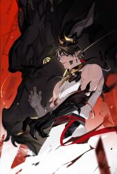 Rule 34 | 1boy, absurdres, arknights, chinese commentary, chongyue (arknights), commentary request, dragon, dragon boy, dragon claw, dragon horns, earrings, highres, horns, jewelry, male focus, muscular, muscular male, pants, pointy ears, ponytail, red eyes, shirt, solo, somnolence (hranxy), white pants, white shirt