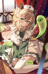1girl animal_ears apron blurry breasts brown_hair center_frills closed_mouth commentary contrast_collar crossed_bangs depth_of_field double-parted_bangs dress english_commentary frilled_dress frills garter_straps green_dress green_eyes hair_between_eyes hat highres indie_virtual_youtuber indoors kuri_(animejpholic) large_breasts looking_at_viewer name_tag naplings_(nimi_nightmare) nimi_nightmare no_shoes nurse_cap one_side_up sitting sleeve_cuffs sleeve_slit smile solo tapir_ears tapir_girl thighhighs virtual_youtuber wariza white_apron white_thighhighs