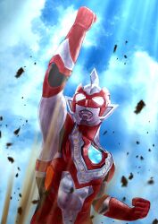 Rule 34 | 1boy, abs, alien, arm up, armor, attack, black skin, blue sky, breastplate, clenched hands, cloud, cloudy sky, color timer, colored skin, commentary, compound eyes, dappled sunlight, debris, dirt, dorsal fin, glowing, glowing eyes, highres, looking up, male focus, multicolored skin, muscular, muscular male, orange skin, outdoors, pectorals, pointy ears, raised fist, red skin, shoulder armor, shoulder pads, silver skin, sky, solo, sunlight, tachibana satsuki (artist), tokusatsu, ultra series, ultraman z, ultraman z (beta smash), ultraman z (series), upper body, uppercut, white eyes