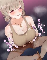 1girl absurdres blush bouncing_breasts breast_hold breasts brown_shorts brown_slippers brown_sports_bra cleavage dog_tags double_bun from_above furen_e_lustario furen_e_lustario_(5th_costume) hair_bun half-closed_eyes heart highres indian_style kkillusked large_breasts looking_at_viewer naughty_face nijisanji parted_lips red_eyes short_shorts shorts sitting slippers smile solo sports_bra steaming_body sweat sweat_stain swept_bangs virtual_youtuber wakamezake