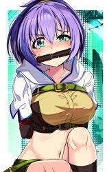 1girl arms_behind_back blush bound bound_arms breasts brown_gloves brown_shirt brown_socks commentary_request cropped_jacket crying crying_with_eyes_open elbow_gloves feet_out_of_frame gag gagged gloves green_eyes hair_between_eyes highres hunter_(ragnarok_online) jacket large_breasts looking_at_viewer medium_hair midriff navel purple_hair ragnarok_online restrained shirt short_sleeves socks solo tears white_jacket yasume_yukito