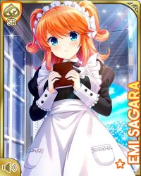 1girl apron black_dress black_neckwear blue_eyes book bow breasts character_name closed_mouth collared_dress day dress girlfriend_(kari) hair_bow long_sleeves looking_at_viewer maid maid_apron maid_headdress mansion medium_hair official_art orange_hair outdoors qp:flapper ribbon sagara_emi solo standing tagme two_side_up white_apron white_bow