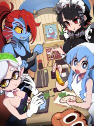 1boy 4girls :t absurdres black_dress black_hair blue_eyes blue_hair blue_skin bongfill breasts chopsticks cleavage colored_sclera colored_skin crossover darwin_watterson dress eating ellen_joe fins fish food gloves head_fins highres holding holding_chopsticks holding_food ikamusume indoors jinbe_(one_piece) large_breasts long_hair maid maid_headdress marie_(splatoon) medium_breasts mole mole_under_eye monster_girl multiple_crossover multiple_girls nintendo one_piece open_mouth pointy_ears ponytail red_eyes red_hair sharp_teeth shinryaku!_ikamusume shrimp shrimp_tempura sleeveless sleeveless_dress small_breasts splatoon_(series) strapless strapless_dress teeth tempura tentacle_hair the_amazing_world_of_gumball undertale undyne white_dress white_gloves yellow_sclera zenless_zone_zero