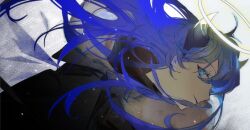 1girl arknights artistguillotine black_horns black_jacket blue_eyes blue_hair closed_mouth colored_eyelashes fang fang_out floating_hair from_side halo highres horns jacket light_particles long_hair mostima_(arknights) red_pupils solo white_halo