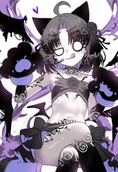 1girl absurdres ahoge animal_hands bandeau bare_shoulders blush_stickers body_markings choker closed_mouth colored_tips crazed_moneko_(nyanko_daisensou) crossed_legs ebora feet_out_of_frame flat_chest flower gloves grey_hair grey_skirt hair_flower hair_ornament headset heart highres licking_lips looking_at_viewer low_wings midriff miniskirt multicolored_hair nail_polish navel nyanko_daisensou o_o pale_skin parted_bangs paw_gloves short_hair sitting skirt solo tongue tongue_out wings