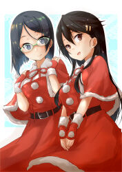 Rule 34 | 2girls, absurdres, black hair, brown eyes, capelet, cosplay, dress, fur-trimmed capelet, fur-trimmed dress, fur-trimmed gloves, fur trim, fyuo, glasses, gloves, grey eyes, hair ornament, hairclip, haruna (christmas) (kancolle), haruna (kancolle), haruna (kancolle) (cosplay), highres, kantai collection, kirishima (kancolle), long hair, looking at viewer, matching outfits, multiple girls, red capelet, red dress, red gloves, santa costume, santa dress