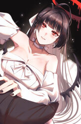1boy 1girl absurdres black_hair blood blood_halo blue_archive breasts choker cleavage commander_(nikke) detached_sleeves dress earrings halo highres jewelry large_breasts liang_yuan liquid_halo official_alternate_costume red_eyes tsurugi_(blue_archive) tsurugi_(dress)_(blue_archive) white_choker white_dress