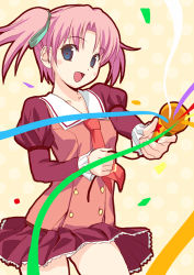 1girl ars_magna blue_eyes blush confetti fang female_focus ichijou_anzu koutaro lowres panties party_popper pink_hair school_uniform serafuku short_twintails skirt solo twintails underwear white_panties wind wind_lift