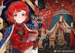 1girl absurdres aiguillette black_sleeve_cuffs blue_cape blue_skirt blunt_bangs braid cape chinese_commentary closed_mouth collared_shirt commentary_request english_text eyelashes floral_print frooooty green_eyes hand_on_own_arm high-waist_skirt highres mole mole_under_each_eye mole_under_eye multiple_moles original personification red_hair red_skirt reference_inset shirt short_hair single_braid sitting skirt smile solo two-sided_cape two-sided_fabric unicorn upper_body water_drop_print watermark weibo_watermark white_cape