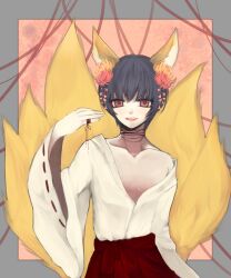 1boy animal_ears axis_powers_hetalia black_hair brown_eyes commentary_request cowboy_shot crossdressing draw2_(milkcrown) flower fox_boy fox_ears fox_tail grey_background hair_flower hair_ornament highres japan_(hetalia) japanese_clothes kitsune kyuubi looking_at_viewer male_focus miko multiple_tails open_mouth pink_background red_skirt short_hair skirt smile solo spider_lily tail