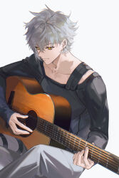 1boy absurdres arlizi bags_under_eyes black_shirt chromatic_aberration closed_mouth collarbone ear_piercing earrings fate/grand_order fate_(series) grey_background grey_hair grey_pants guitar hair_between_eyes highres holding holding_guitar holding_instrument instrument jewelry kadoc_zemlupus light_smile long_sleeves looking_down male_focus music neck_piercing pants piercing playing_guitar playing_instrument shirt short_hair simple_background sitting sleeves_past_wrists solo yellow_eyes