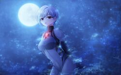 1girl arched_back armor asymmetrical_hair backlighting black_gloves bodysuit breasts cowboy_shot distortion eiai_nano expressionless full_moon gloves glowing_bodysuit grey_bodysuit grey_hair hair_between_eyes high_collar highres kimi_no_koto_ga_dai_dai_dai_dai_daisuki_na_100-nin_no_kanojo kusanochika long_sleeves looking_at_viewer moon night official_alternate_costume official_alternate_hair_length official_alternate_hairstyle open_mouth pauldrons pixelated red_eyes science_fiction short_hair shoulder_armor single_hair_intake sky solo star_(sky) starry_sky