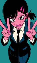 Rule 34 | 1girl, bags under eyes, black eyes, black hair, black jacket, black necktie, black pants, blue background, chainsaw man, collared shirt, double v, eyelashes, hair ornament, hairclip, higashiyama kobeni, highres, jacket, long sleeves, looking at viewer, margare, mole, mole under eye, mole under mouth, nail polish, necktie, open mouth, pants, pink nails, ponytail, shirt, solo, sweat, v, white shirt