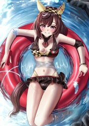 1girl absurdres alternate_costume animal_ears bikini breasts brown_hair buena_vista_(umamusume) cleavage collarbone commission commissioner_upload hair_between_eyes hair_ornament hairband highres horse_ears horse_girl innertube looking_at_viewer manjo_(warito) medium_breasts medium_hair navel open_mouth pixiv_commission purple_eyes rock solo swim_ring swimsuit umamusume water