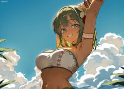 1girl absurdres arm_tattoo arm_up armband armpits arms_up bikini blush breasts cleavage cloud cloudy_sky dark-skinned_female dark_skin day dripping flower from_below green_eyes green_hair grin hair_flower hair_ornament hepari highres looking_at_viewer medium_breasts medium_hair navel original outdoors sideboob skindentation sky smile solo strapless strapless_bikini stretching sweatdrop swimsuit tan tattoo upper_body wet white_bikini wristband