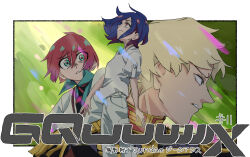 1girl 2boys amate_yuzuriha aqua_eyes aqua_shirt blonde_hair blue_eyes blue_hair char_aznable collared_shirt colored_inner_hair epaulettes gundam gundam_gquuuuuux highres jacket long_sleeves looking_at_viewer military military_uniform multicolored_hair multiple_boys necktie official_art open_mouth purple_hair red_eyes red_hair red_jacket school_uniform shirt short_hair shuji_ito sweater tank_top two-tone_hair zeon