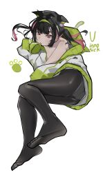 1girl absurdres animal_ears black_pantyhose feet highres hood hooded_jacket hoodie inno_(innoamp) jacket long_hair no_shoes original pantyhose soles solo toes twintails