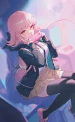 Rule 34 | 1girl, absurdres, animal bag, animal hood, backpack, bag, black jacket, black thighhighs, blurry, blurry background, brown skirt, cat bag, cat hood, commentary request, covering own mouth, danganronpa (series), danganronpa 2: goodbye despair, foot out of frame, hair ornament, handheld game console, hands up, highres, holding, holding handheld game console, hood, hood down, hooded jacket, jacket, long sleeves, looking at viewer, nanami chiaki, open clothes, open jacket, pink bag, pink eyes, pink hair, pink shoes, pleated skirt, shali, shirt, shoes, sitting, skirt, solo, thighhighs, white shirt
