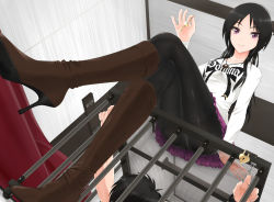 1boy 1girl bdsm black_hair bondage boots bound brown_footwear cage commentary_request crossed_legs femdom from_below high_heel_boots high_heels key knee_boots long_hair nokia_(nm) original panties panties_under_pantyhose pantyhose purple_eyes sitting underwear