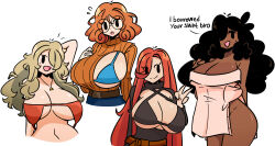 4girls bikini blonde_hair bro-girl dark-skinned_female dark_skin english_text glasses highres juliette_(murgoten) mathilde_(murgoten) mole mole_under_eye multiple_girls murgoten red_hair stella_(murgoten) swimsuit
