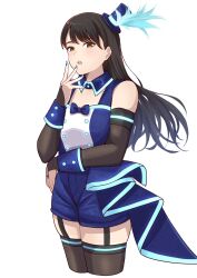 Rule 34 | 1girl, absurdres, animification, arm under breasts, asaka karin, asaka karin (cosplay), black thighhighs, blue hat, blue nails, blue shorts, blush, bridal gauntlets, brown hair, cosplay, garter straps, hat, highres, kubota miyu, long hair, looking at viewer, love live!, love live! nijigasaki high school idol club, mini hat, mini top hat, mole, open mouth, orange eyes, real life, rrtp, shirt, shorts, simple background, solo, standing, swept bangs, thighhighs, tilted headwear, top hat, vivid world (love live!), voice actor, white background, white shirt